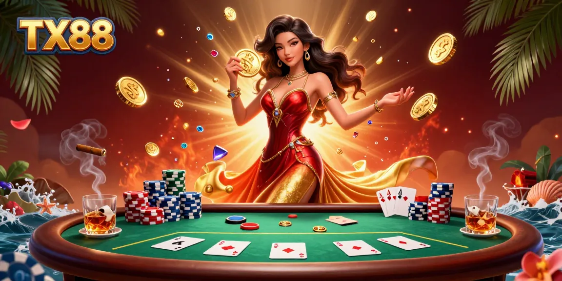 Experience the excitement of TX88 with a stunning Asian woman celebrating a jackpot amidst dynamic casino elements.
