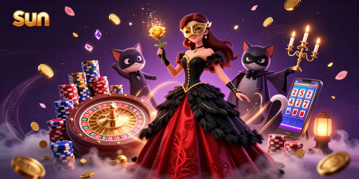 Experience the thrill of sun-themed casino adventures with a dramatic 3D illustration depicting an elegant woman and her masked companion.