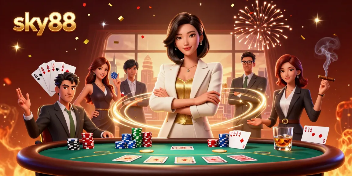 Engage in thrilling gameplay at sky88 with a glamorous Asian woman showcasing poker skills surrounded by vibrant casino elements.