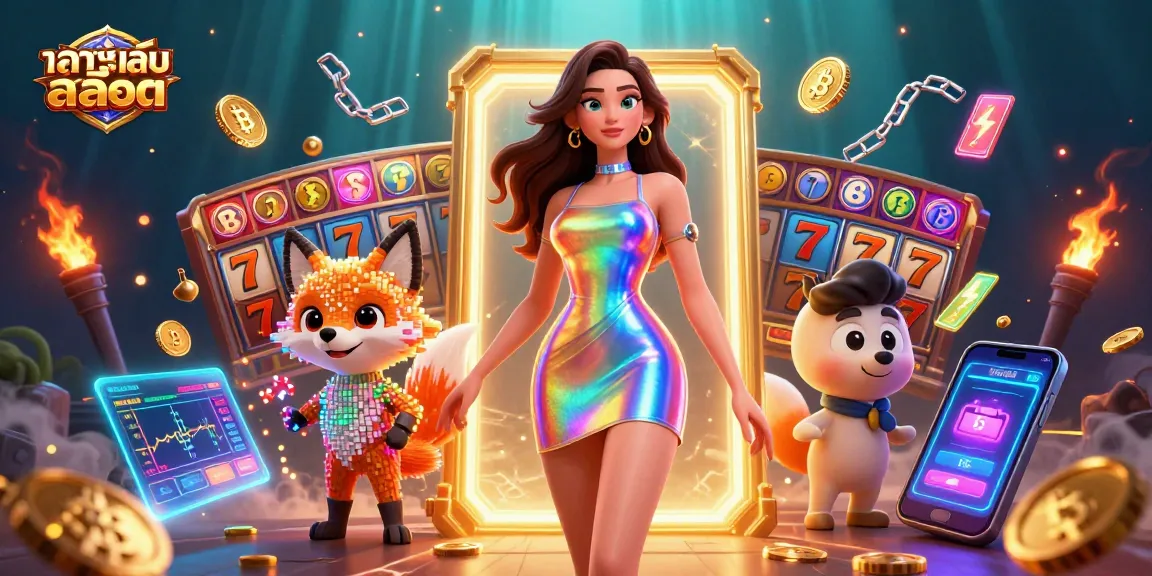 Experience ทดลองเล่นสล็อต with vibrant slots and crypto elements in a dynamic casino illustration.