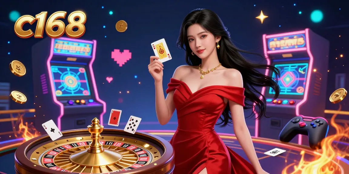 Experience exciting gameplay at c168 with a stunning Asian dealer showcasing golden cards and vibrant casino elements.