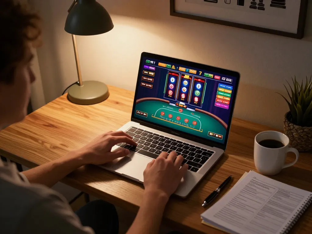 Person using a laptop for alo8 online gaming with poker graphics visible, cozy home setting.