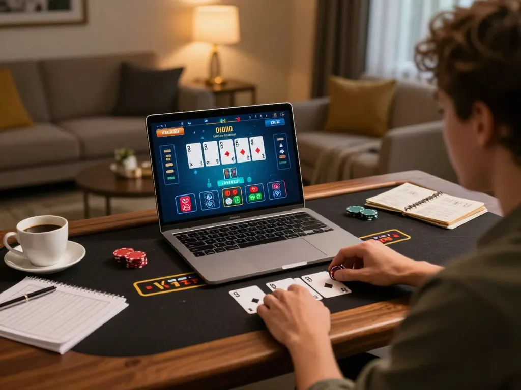 Engaging with live dealer game on laptop showcasing Link SC88 online casino gameplay in a cozy setting.