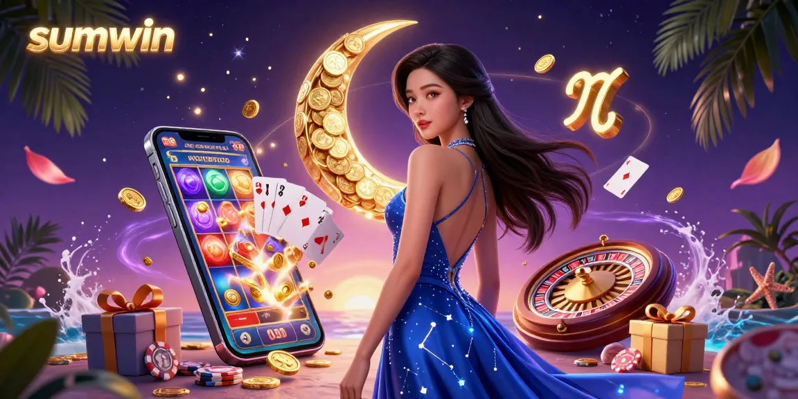 Engage with sumwin's vibrant slot gaming scene featuring a stunning Asian woman and dynamic casino elements.