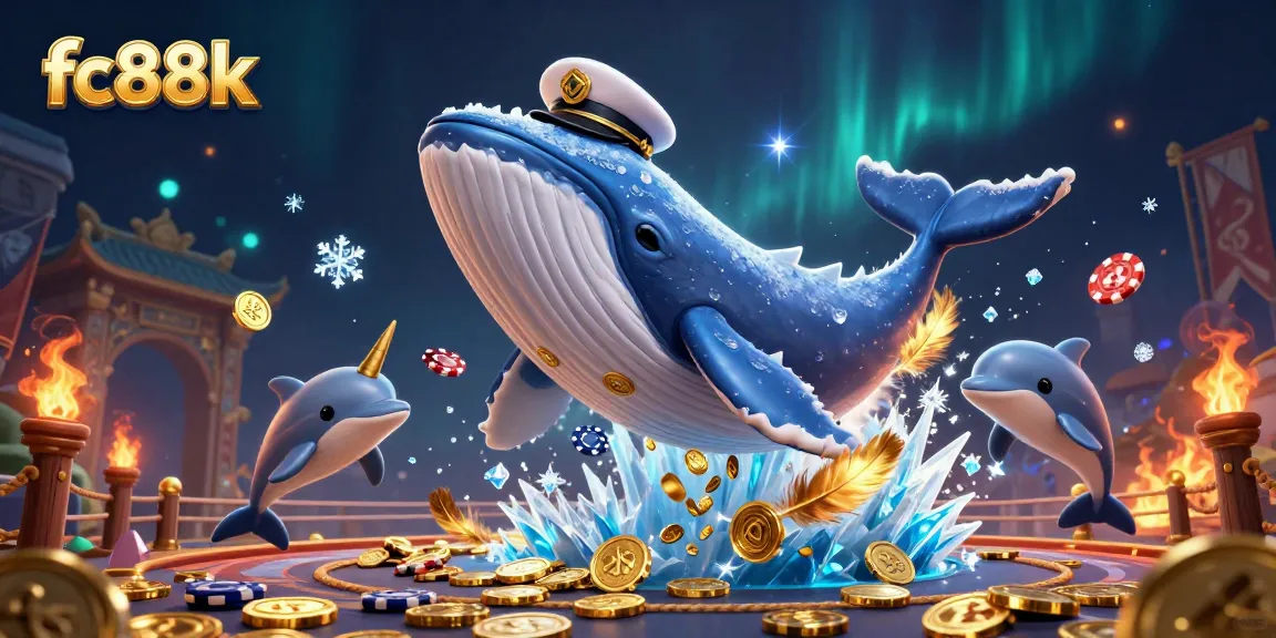 Engage with an enchanting scene of fc88k as a cartoon whale amongst coins, dazzling with poker chips.