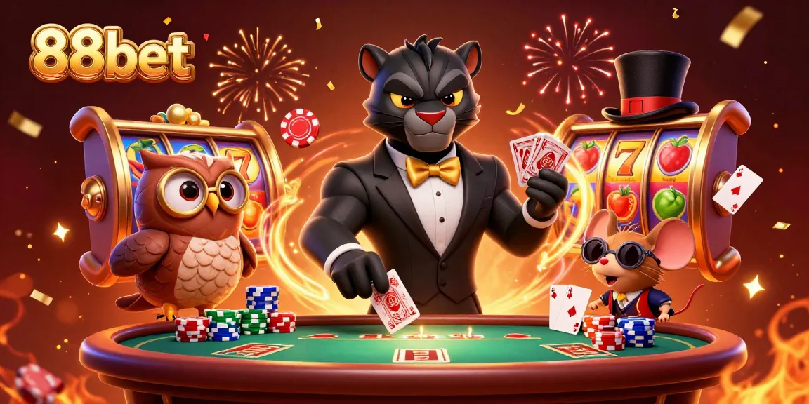 Engage with 88bet's thrilling gaming experience featuring a panther dealer, owl, and lucky mouse in an exciting casino setting.