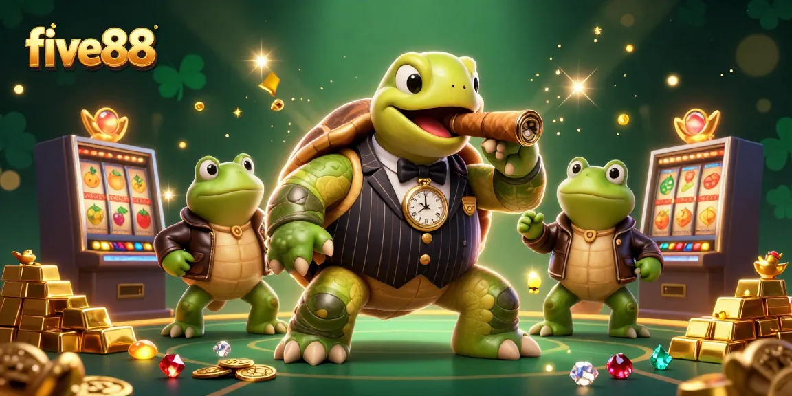 Engage in an exciting five88 slot experience with a snapping turtle mobster, frog enforcers, and vibrant casino treasures.