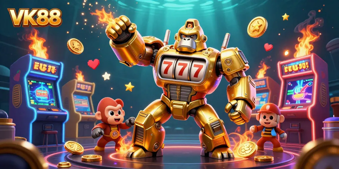 Celebrate big wins with VK88 in a vibrant casino scene featuring a gorilla mech and slot elements.