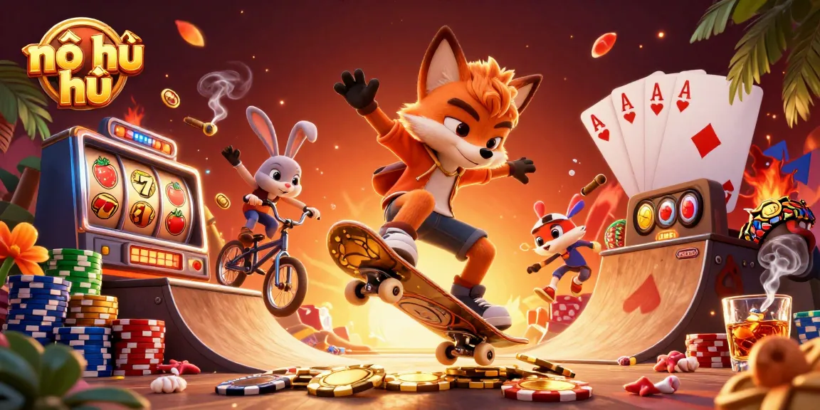 Play nổ hũ with vibrant characters and dynamic casino elements in a colorful 3D illustration