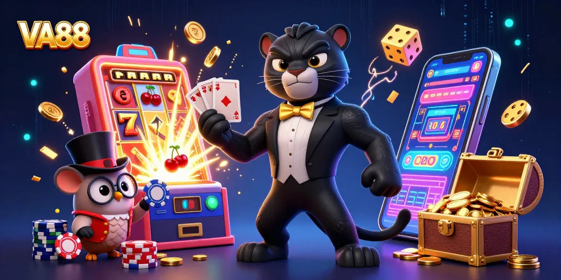 VA88 shows a stylish black panther dealing cards in a vibrant casino scene with an owl and mouse.