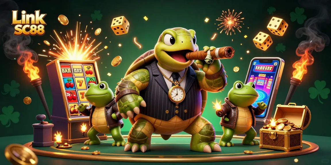 Win big with Link SC88 in this vibrant casino scene featuring playful characters and slot machine!
