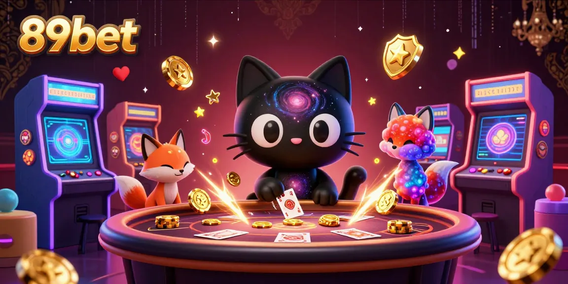 89bet's vibrant cosmic casino landscape featuring a playful black hole cat and nebula fox.