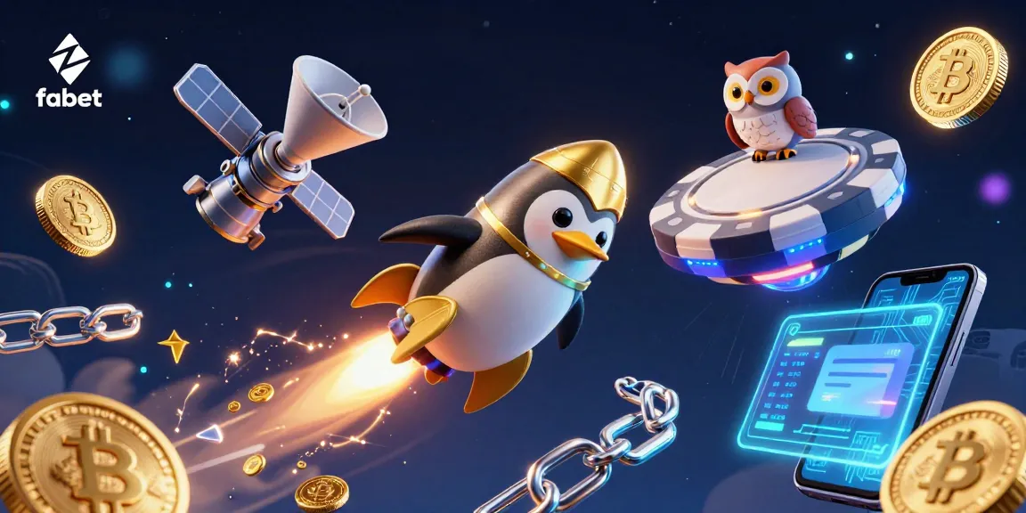 Win big with fabet's vibrant casino adventures, featuring a golden penguin and crypto symbols.