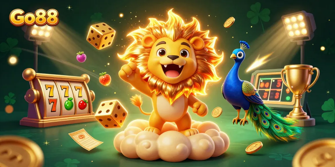 Experience thrilling gameplay at Go88 with dynamic slots, golden elements, and a roaring sun lion.