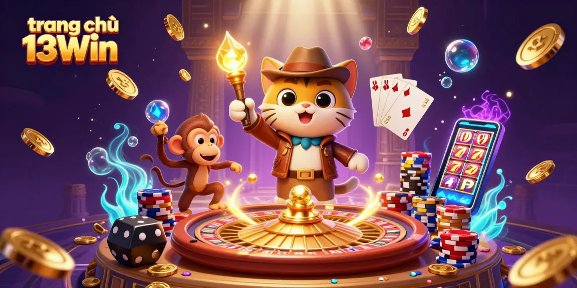 Engage with the vibrant scene at trang chủ 13Win featuring an explorer cat and monkey companion discovering casino treasures.
