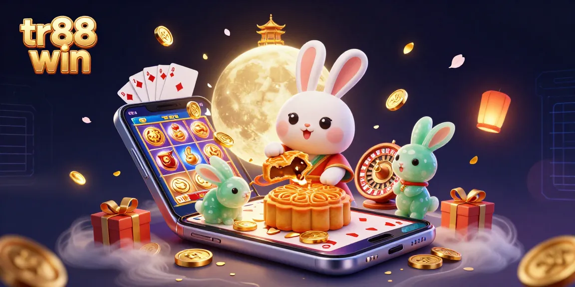 Spin the reels with TR88 win, showcasing a festive moon rabbit scene filled with casino-themed elements.