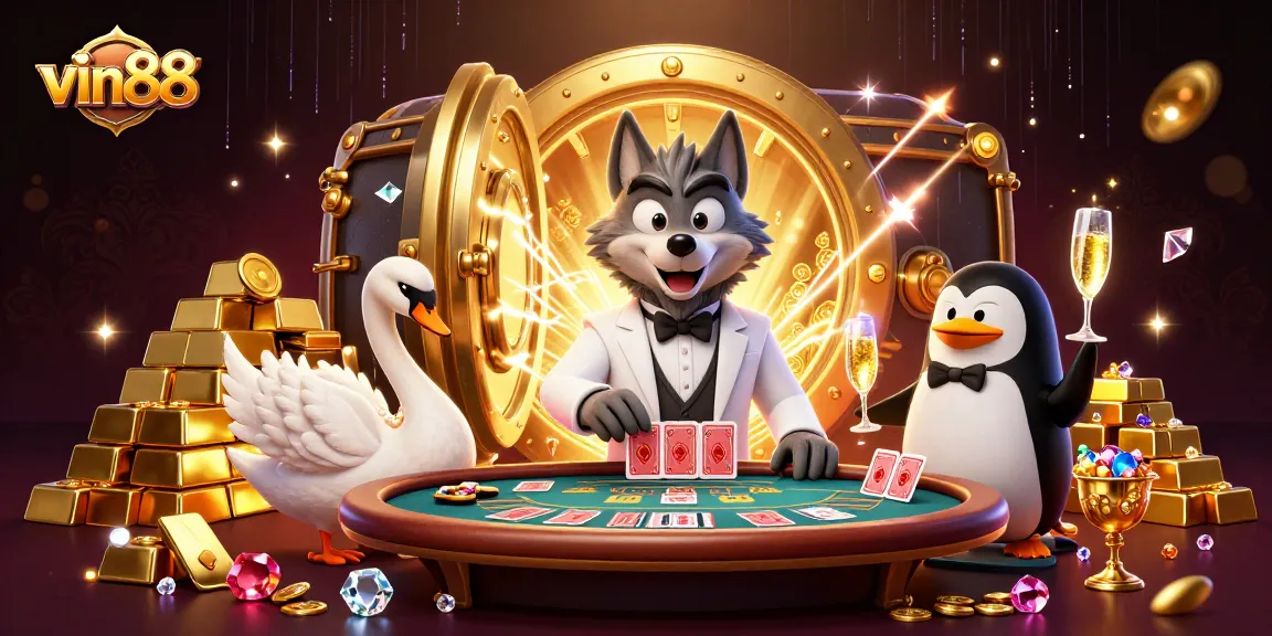 Experience the thrill of vin88 with a luxurious casino scene featuring engaging characters and vibrant elements.