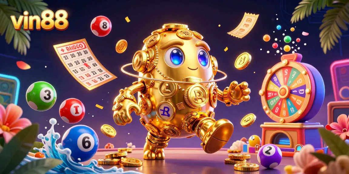 Engage with vin88's vibrant gaming universe featuring dynamic lottery balls, a golden golem, and energetic bonuses.