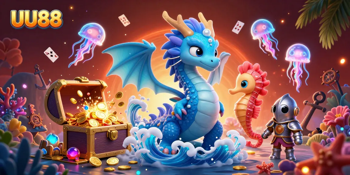 Experience exhilarating gameplay with UU88 as shimmering creatures embrace casino treasures and vibrant cards.