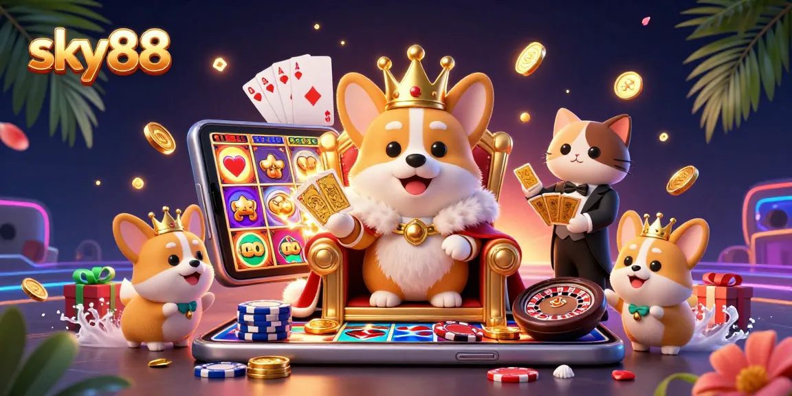 Engage with sky88's vibrant casino adventure featuring the royal corgi orchestrating winning strategies.