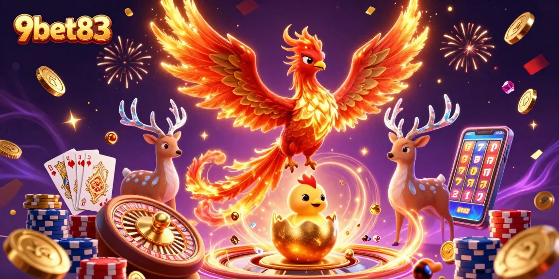 Engage with 9bet83 in a vibrant cartoon scene featuring a golden phoenix and casino elements.