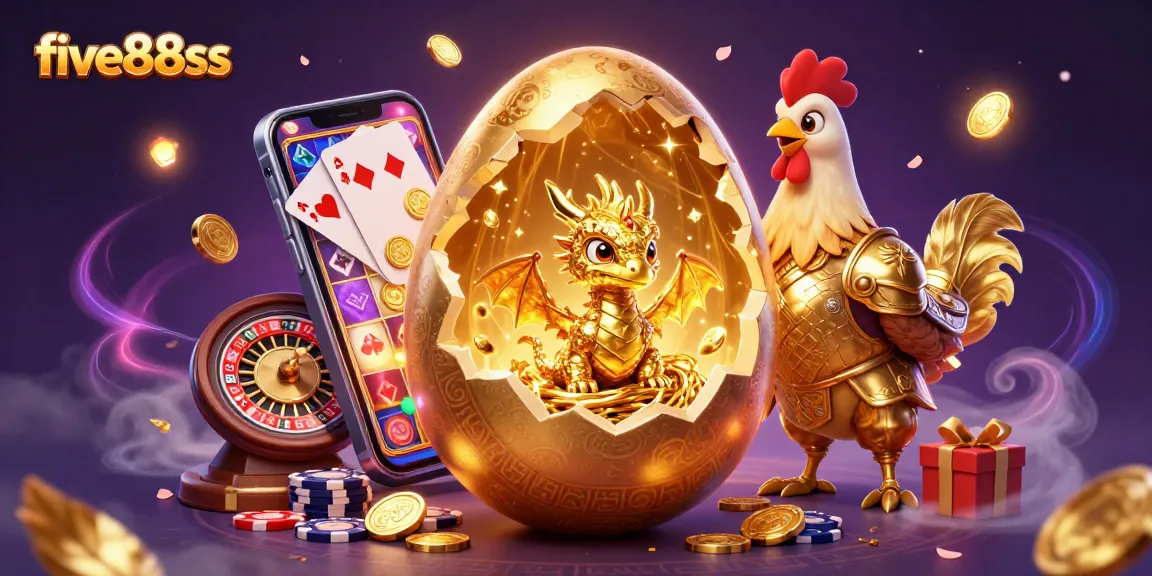 Engage in the thrilling world of five88sss with a golden dragon emerging from a nest of poker chips.