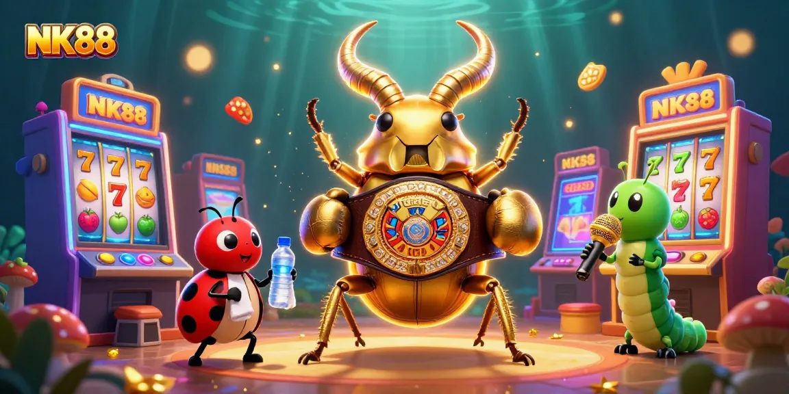 Experience NK88's thrilling slots action with a vibrant 3D visual showcasing a unique beetle champion.