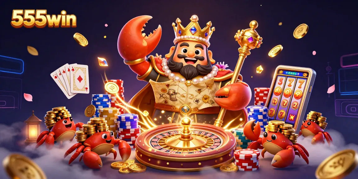 Win big with 555win in this vibrant 3D casino scene featuring golden crab emperor and dynamic gambling action.