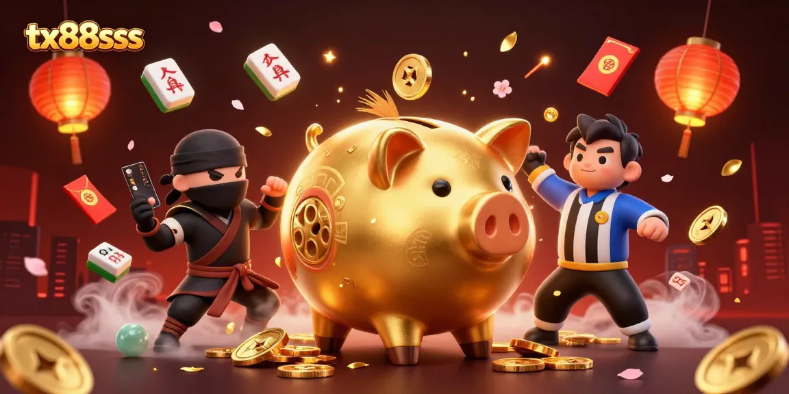 Experience exciting gambling action with tx88sss featuring a golden piggy bank sumo wrestler, vibrant game elements, and lively atmosphere.