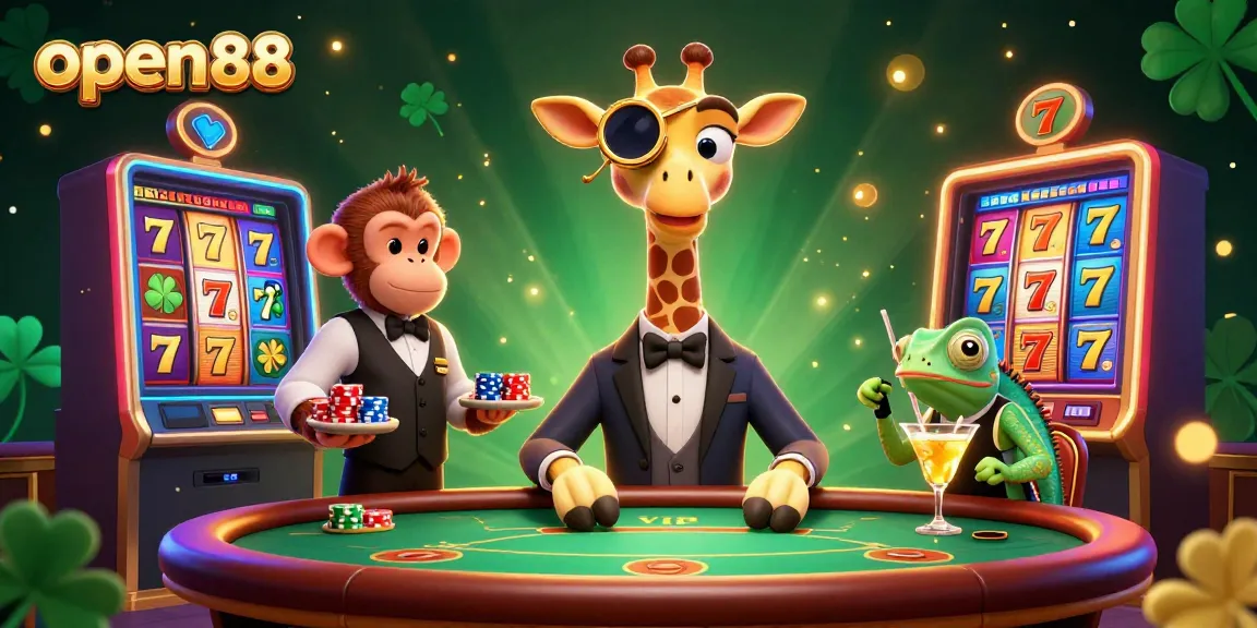 Experience thrilling adventures at open88 with a high-roller giraffe, monkey valet, and chameleon bartender amid vibrant slot game elements.