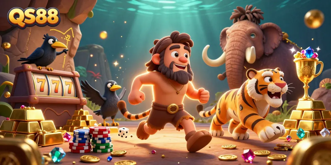 Spin the reels at the QS88 casino with caveman and tiger duo amidst sparkling treasures.