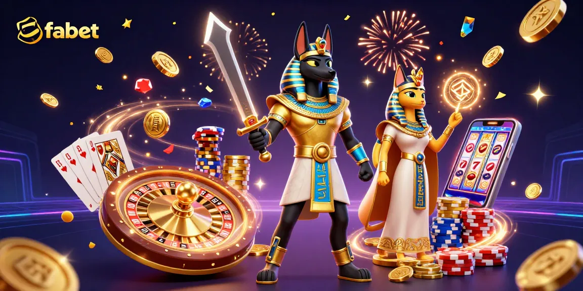 Engage in epic gambling moments with fabet, as Anubis and Bastet celebrate wins amidst coins and cards.