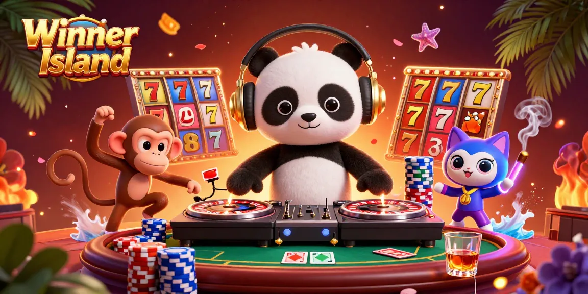 Experience Winner Island with a vibrant 3D scene of playful characters enjoying thrilling casino games.
