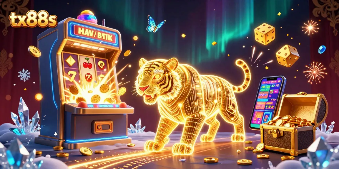 Experience wins at tx88s, where the golden tiger prowls a vibrant digital casino filled with treasures.