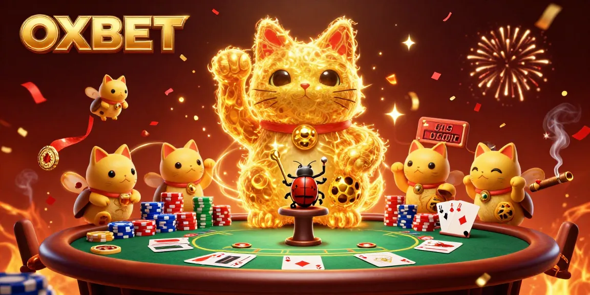Experience the enchanting OXBET vibe with golden fireflies and a lucky cat in a lively casino scene.