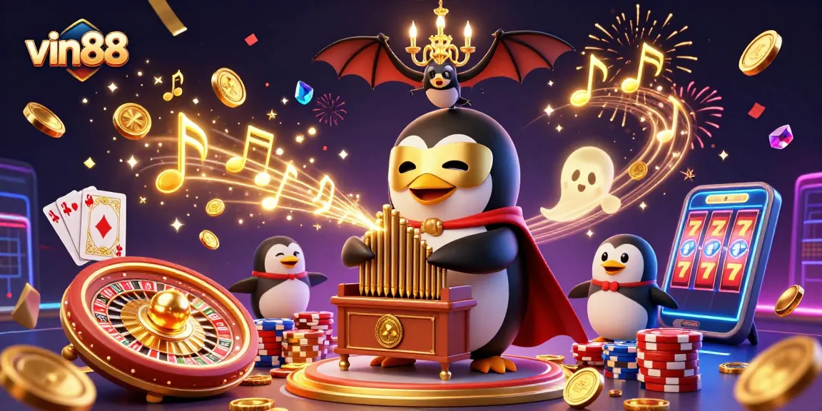 vin88 showcases a lively casino scene with a phantom penguin, coins, and cards swirling around.