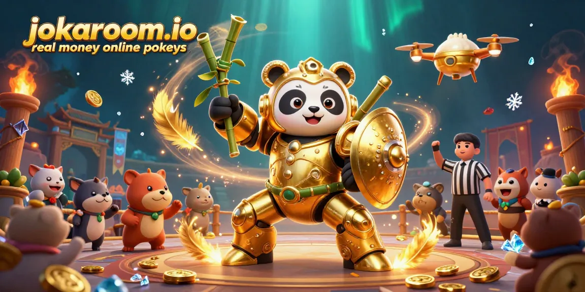 Engage with jokaroom.io real money online pokies through an action-packed gaming scene featuring a golden panda mech-suit.