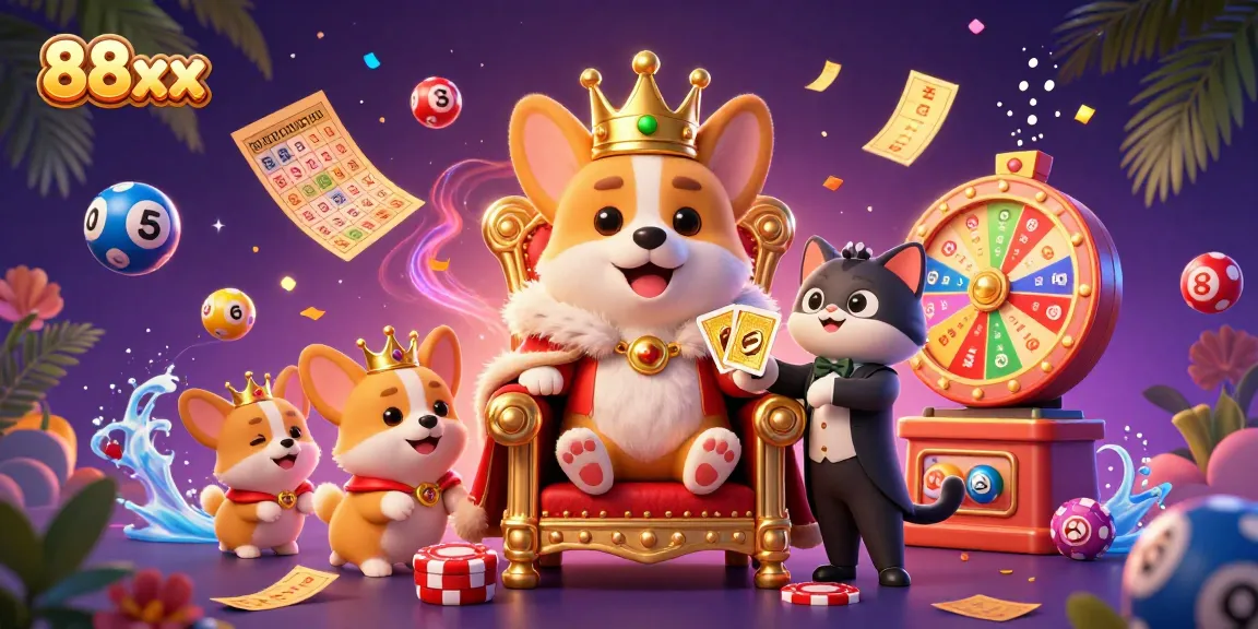 Join 88xx with engaging cheerful characters enjoying vibrant casino games and lottery thrills.