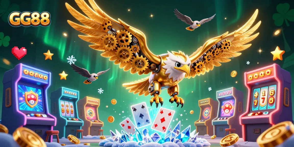 Engage with GG88 in a thrilling casino scene featuring a cybernetic eagle and holographic cards.