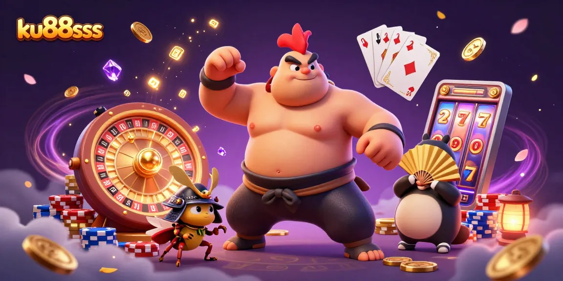 ku88sss showcases a dynamic 3D casino scene with a powerful sumo wrestler rooster and vibrant game elements.