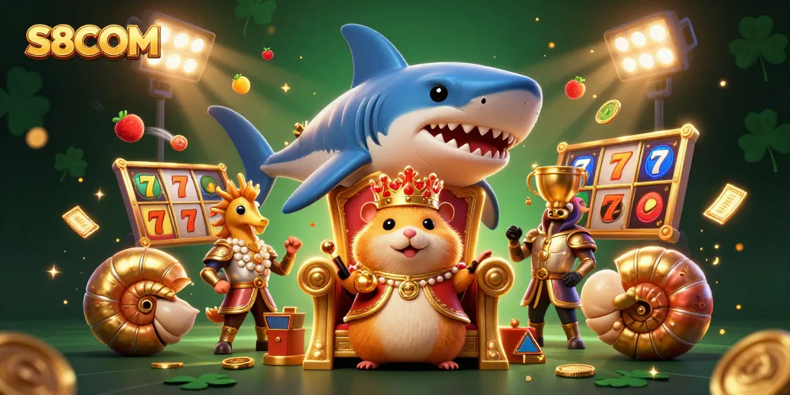 Spin the reels at S8COM with a dynamic scene showcasing a golden hamster king among casino elements.