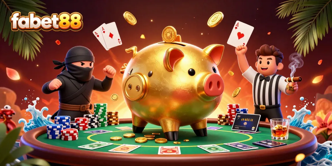 Engage in thrilling gambling at fabet88 with an exciting 3D casino scene showcasing dynamic characters and poker elements.
