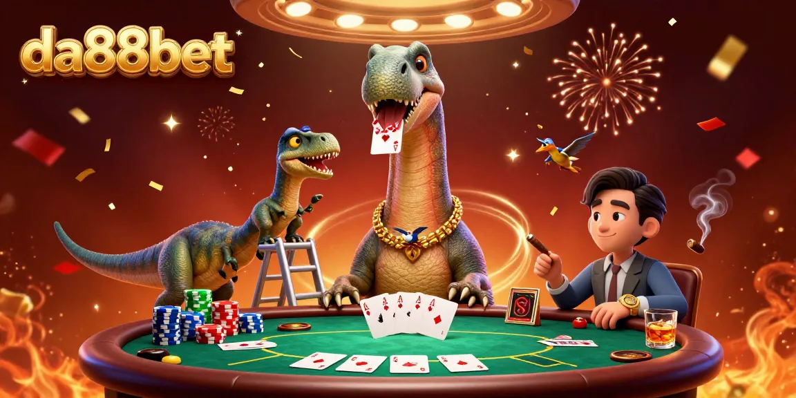 Experience thrilling poker action at da88bet with a whimsical scene featuring a brontosaurus and clever raptor.