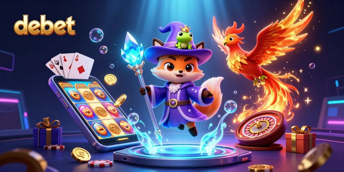 Experience the magic of debet with a vibrant 3D casino illustration showcasing a wizard fox and phoenix.