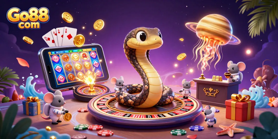 Experience the thrill of Go88 com with a vibrant 3D illustration featuring a cosmic dealer at a roulette table.