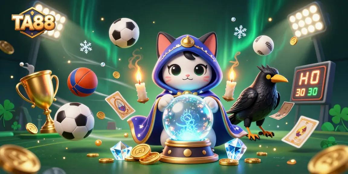 Experience dynamic betting action with TA88, featuring a fortune teller cat, raven, and vibrant sports elements.