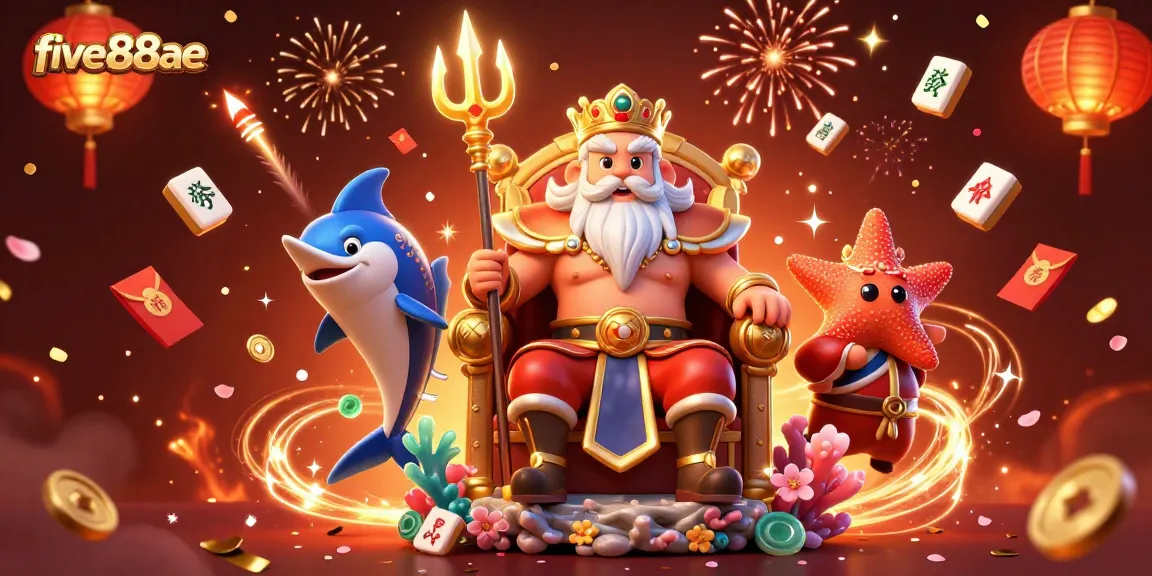Join the excitement at five88ae with Neptune and lucky symbols amidst a vibrant casino landscape.