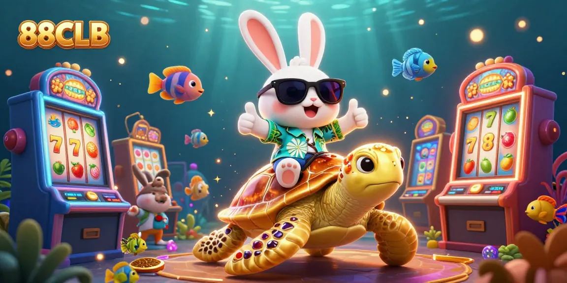 Join the fun at 88CLB with this vibrant underwater slot gaming scene featuring a lucky rabbit and turtle.