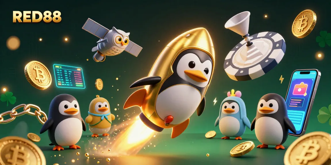Bet on RED88 in a stunning 3D scene featuring a golden penguin navigating a casino in space