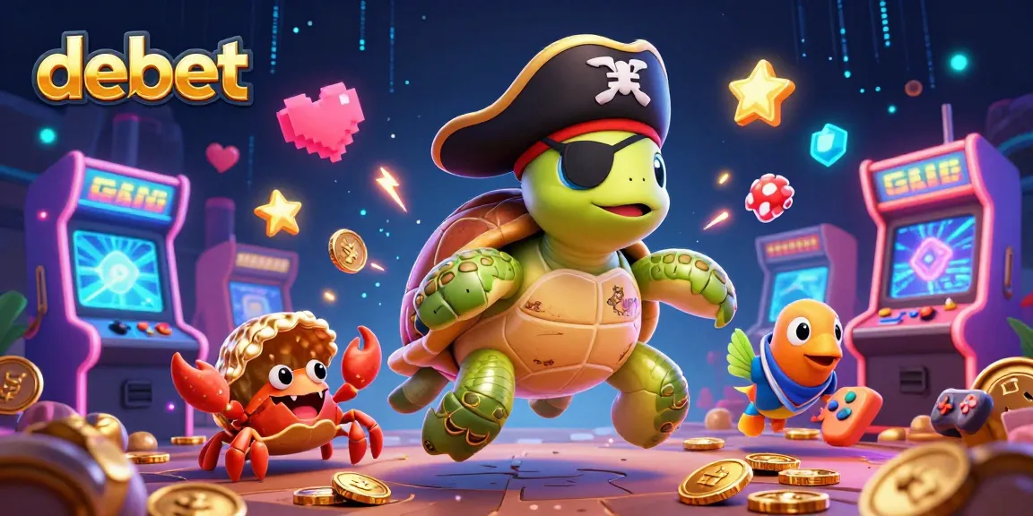 Engage with debet's colorful casino world showcasing vibrant game machines and playful sea characters.